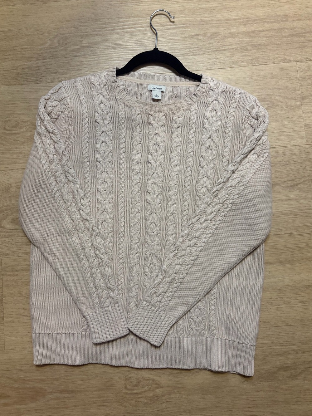 L.L.Bean Cream Cable Knit Crewneck Sweater Size Large 100% Cotton Fisherman Y2K - Picture 4 of 7